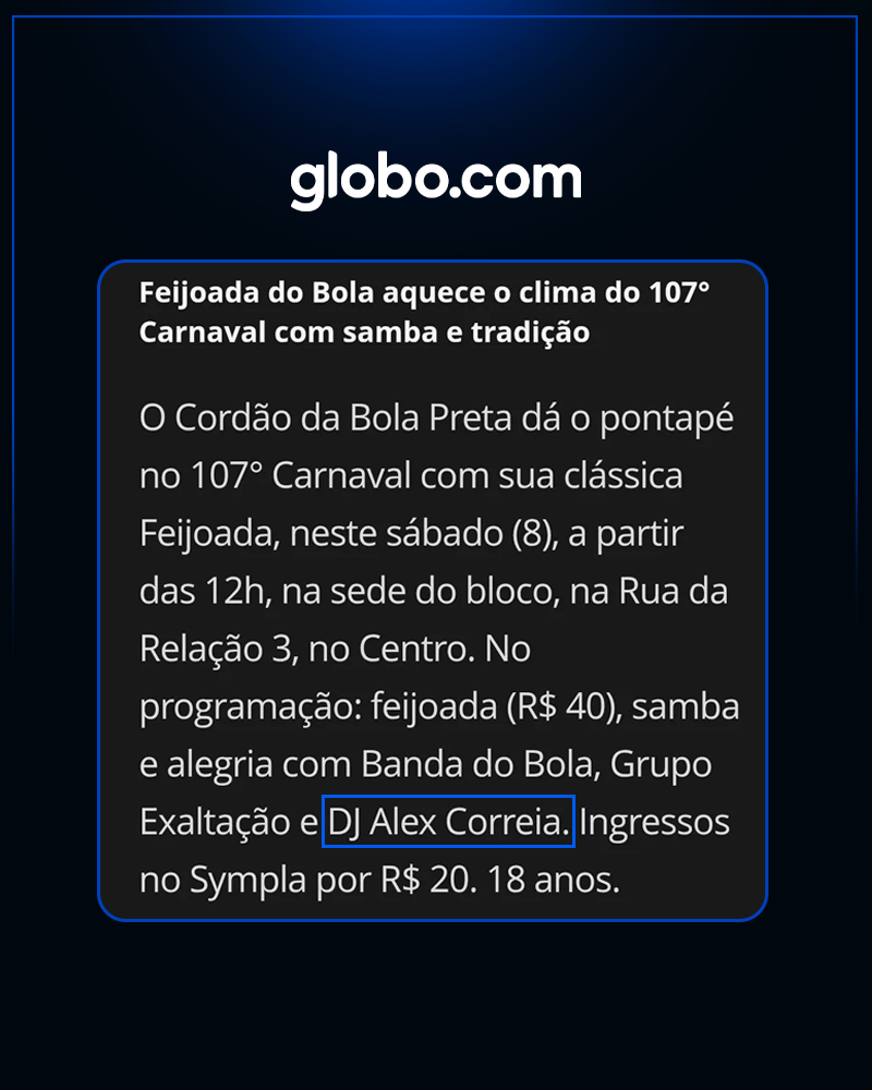 Print da matéria do Extra citando DJ Alex Correia