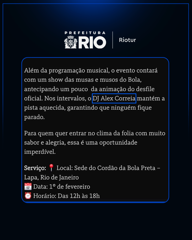 Print da matéria da Riotur citando DJ Alex Correia